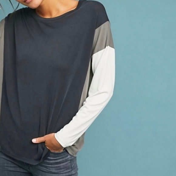 Anthropologie COA Color Block Black White Olive Green Long Sleeve Casual Top - Picture 8 of 8